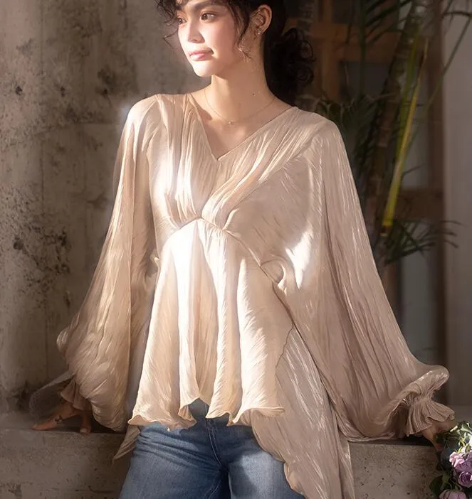 Loose Silk Women Shirts Tops Lantern Sleeve Spring Women blouseJJ961707