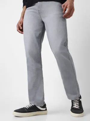 Men's Light Grey Straight Fit Washed Jeans Stretchable