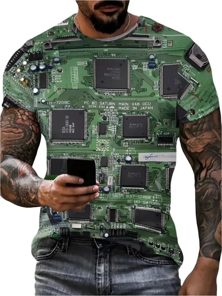 Men's Summer 3D Circuit Board T-Shirt – Creative Electronic Chip CPU Graphic Print, Oversized Fashion Tee, Short Sleeve, O-Neck