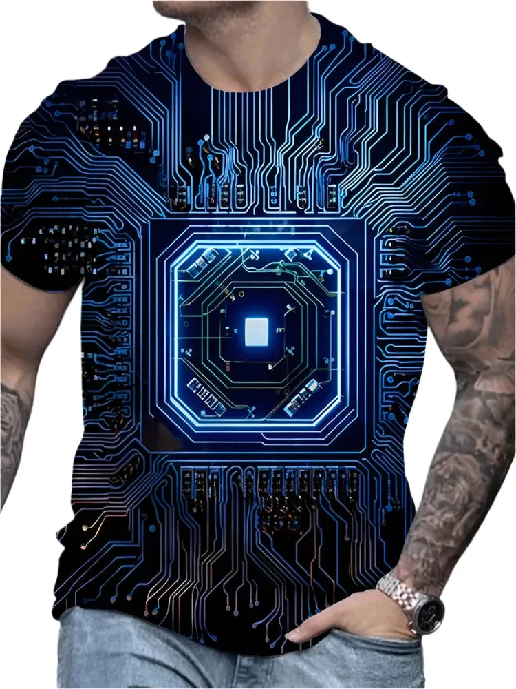 Men's Summer 3D Circuit Board T-Shirt – Creative Electronic Chip CPU Graphic Print, Oversized Fashion Tee, Short Sleeve, O-Neck