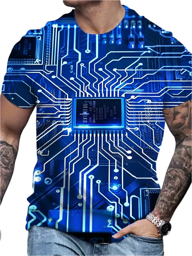 Men's Summer 3D Circuit Board T-Shirt – Creative Electronic Chip CPU Graphic Print, Oversized Fashion Tee, Short Sleeve, O-Neck