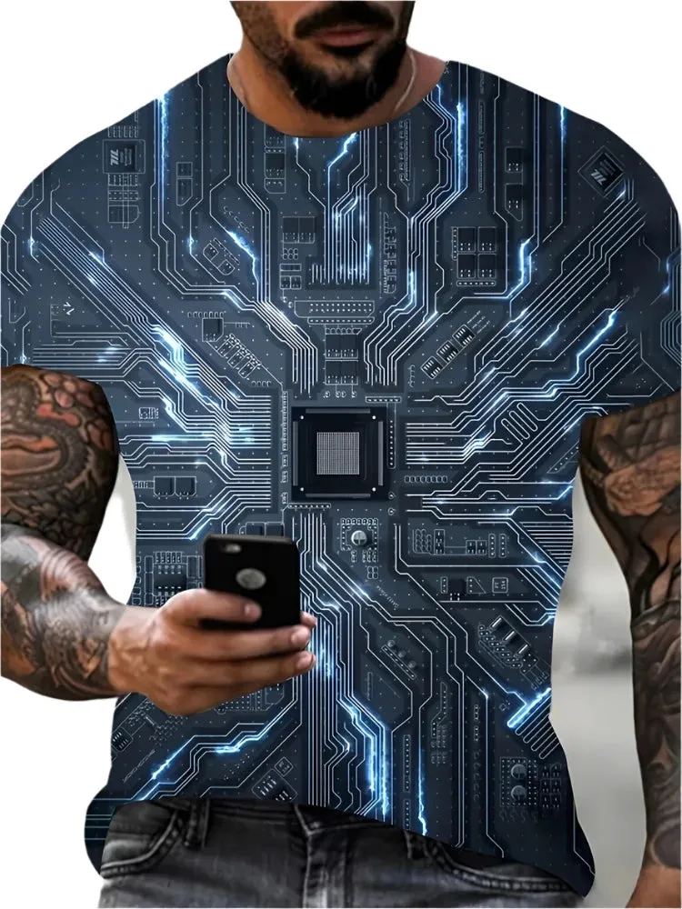 Men's Summer 3D Circuit Board T-Shirt – Creative Electronic Chip CPU Graphic Print, Oversized Fashion Tee, Short Sleeve, O-Neck