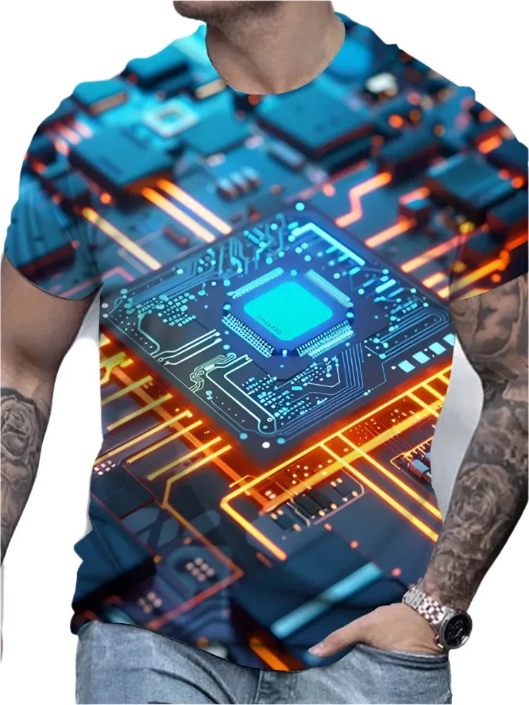 Men's Summer 3D Circuit Board T-Shirt – Creative Electronic Chip CPU Graphic Print, Oversized Fashion Tee, Short Sleeve, O-Neck