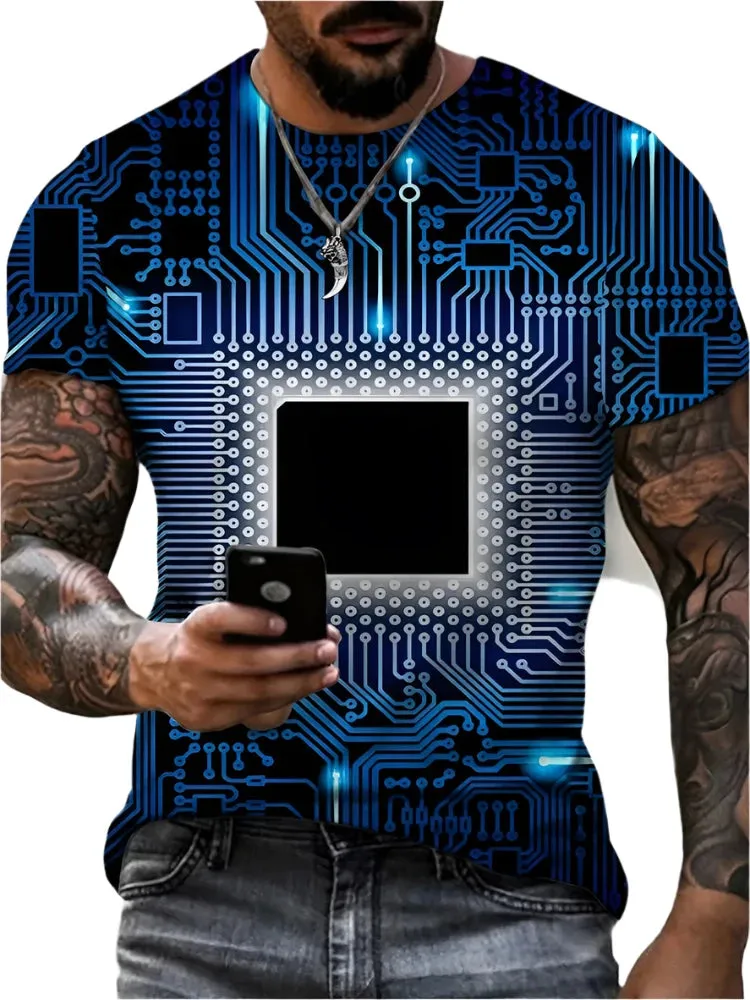 Men's Summer 3D Circuit Board T-Shirt – Creative Electronic Chip CPU Graphic Print, Oversized Fashion Tee, Short Sleeve, O-Neck