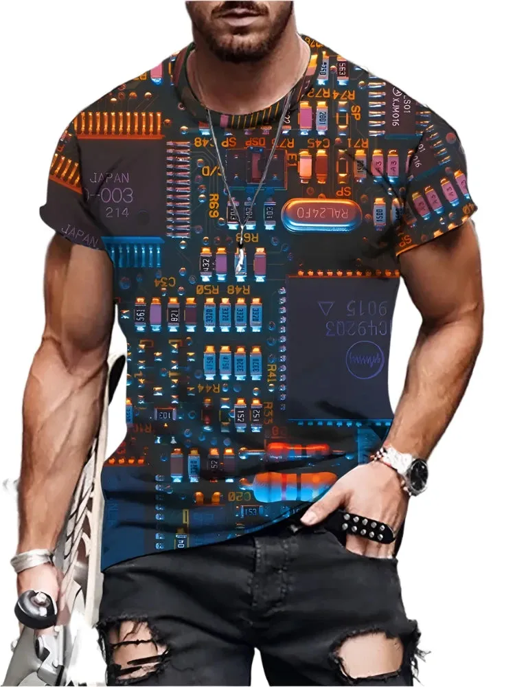 Men's Summer 3D Circuit Board T-Shirt – Creative Electronic Chip CPU Graphic Print, Oversized Fashion Tee, Short Sleeve, O-Neck