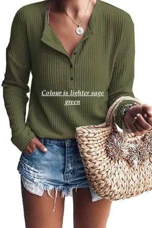 New Famulily Women's Waffle Knit Tunic Tops Loose Long Sleeve Button Up V Neck Henley Shirt in Sage Green, sz M!
