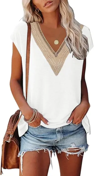 New isermeo Womens Cap Sleeve Summer Tops Trendy Tank Tops Lace V Neck Loose Fit Shirt Sz XL