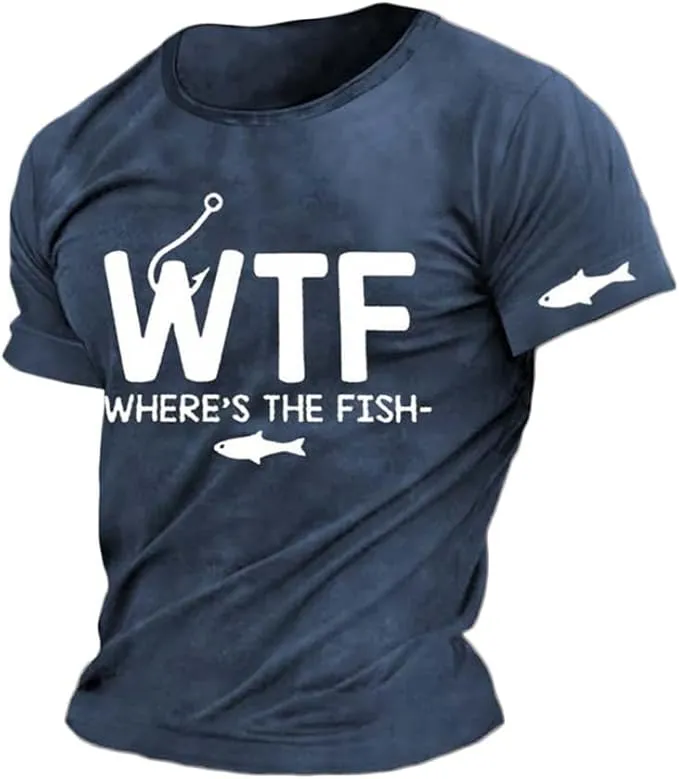NEW WTF Wheres The Fish Shirt Fishing Shirts for Men Fisherman T Shirt Funny Fishing Shirts Fishing Gifts for Dad Blue, Sz M