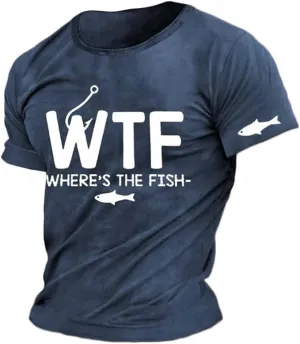 NEW WTF Wheres The Fish Shirt Fishing Shirts for Men Fisherman T Shirt Funny Fishing Shirts Fishing Gifts for Dad Blue, Sz M