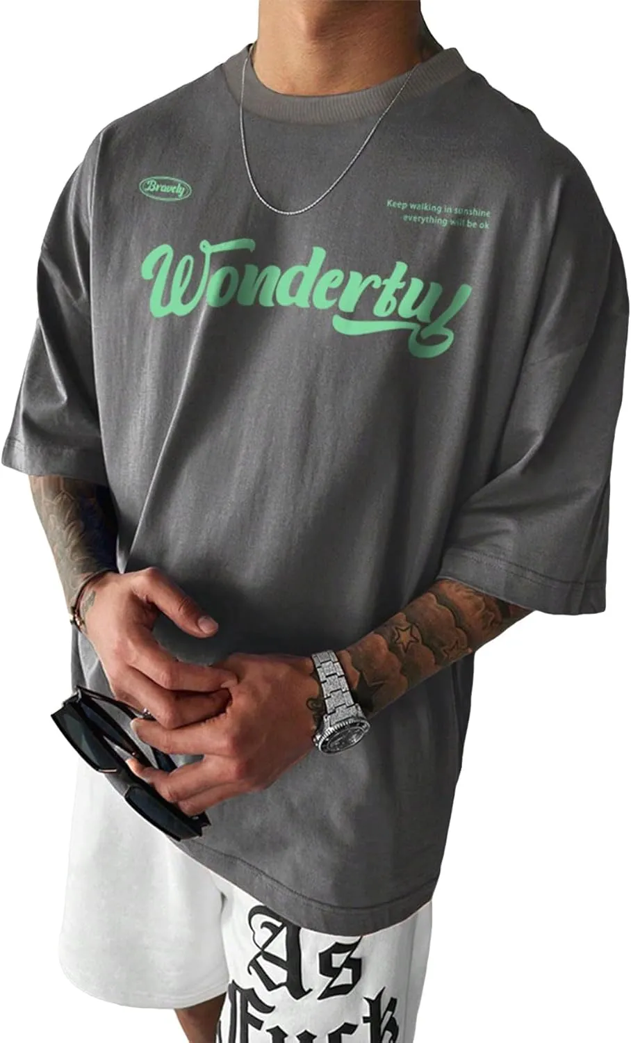 OYOANGLE Men's Oversized Graphic Print Short Sleeve Round Neck Streetwear Tee Shirt Tops