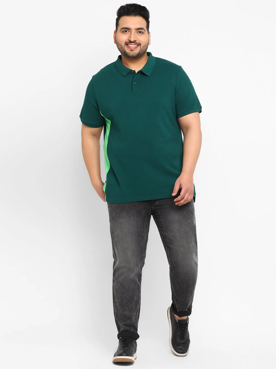 Plus Men's Green Colour-Block Regular Fit Half Sleeve Cotton Polo T-Shirt