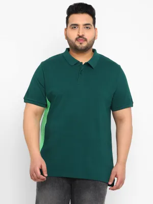 Plus Men's Green Colour-Block Regular Fit Half Sleeve Cotton Polo T-Shirt