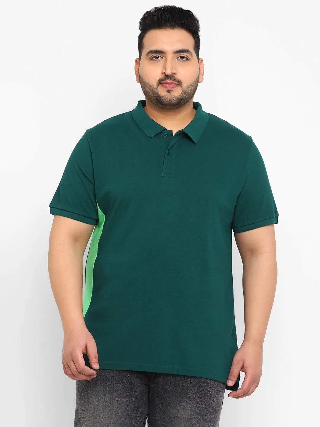 Plus Men's Green Colour-Block Regular Fit Half Sleeve Cotton Polo T-Shirt