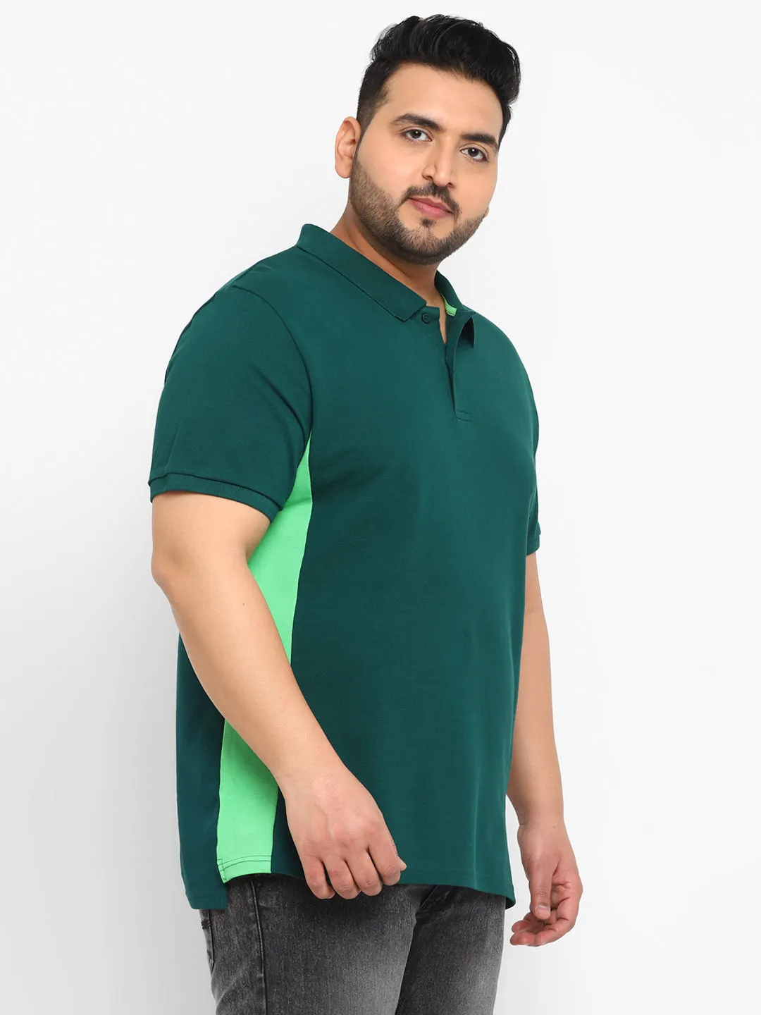 Plus Men's Green Colour-Block Regular Fit Half Sleeve Cotton Polo T-Shirt