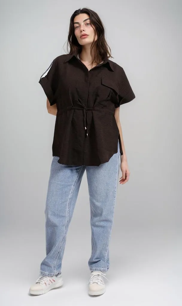 R207255 - Linen Look Belted Short-Sleeve Shirt - Black