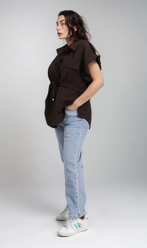 R207255 - Linen Look Belted Short-Sleeve Shirt - Black