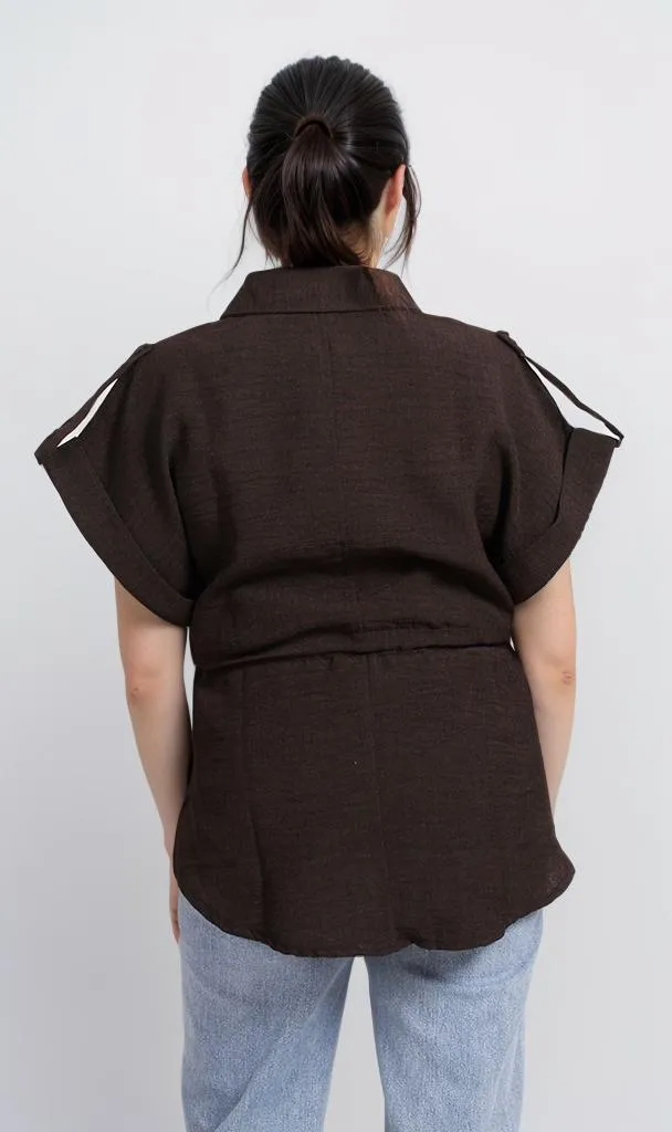 R207255 - Linen Look Belted Short-Sleeve Shirt - Black