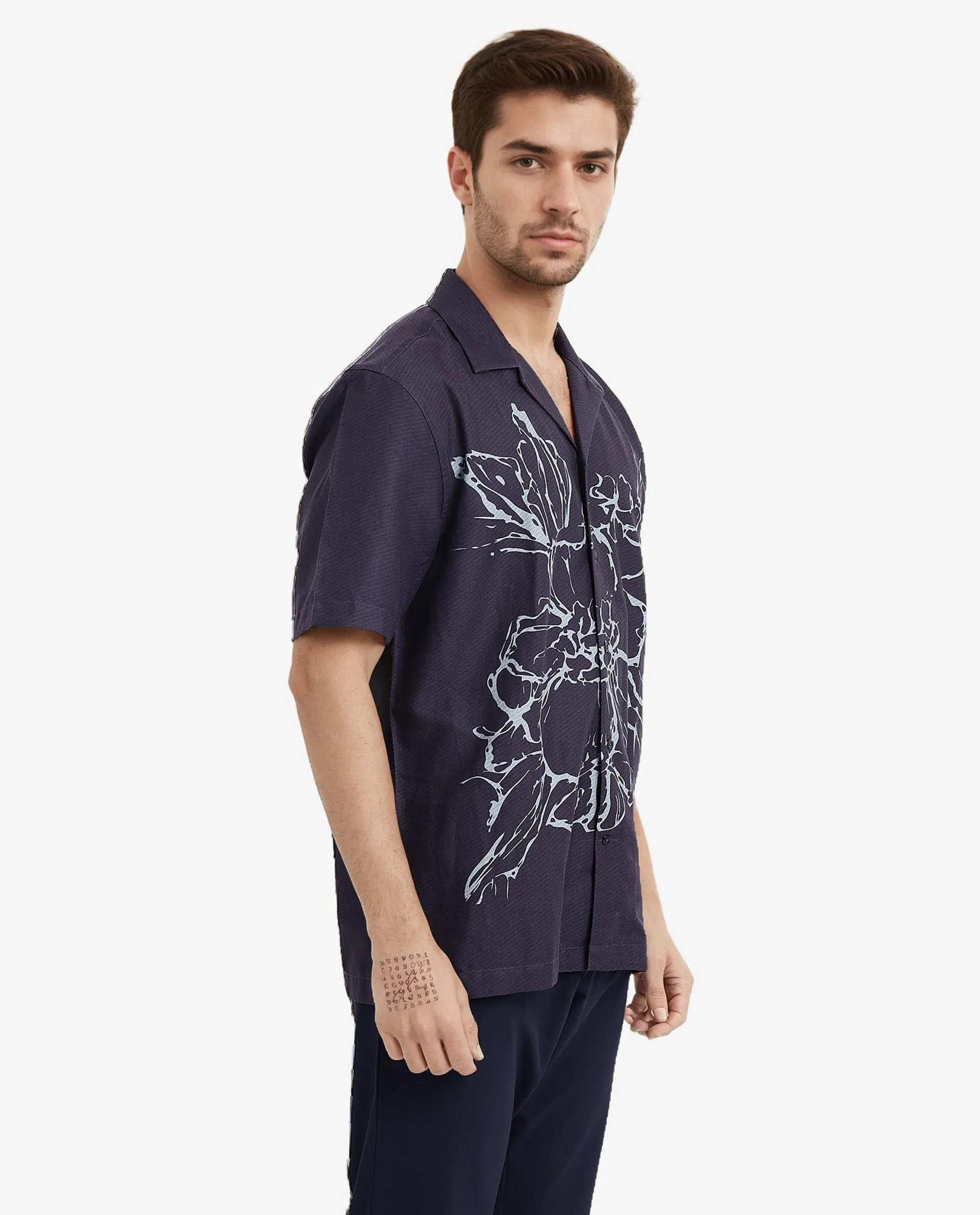 Rare Rabbit Men Kyle Navy Cotton Viscose Fabric Short Sleeve Cuban Collar Boxy Fit Floral Placement Print Shirt