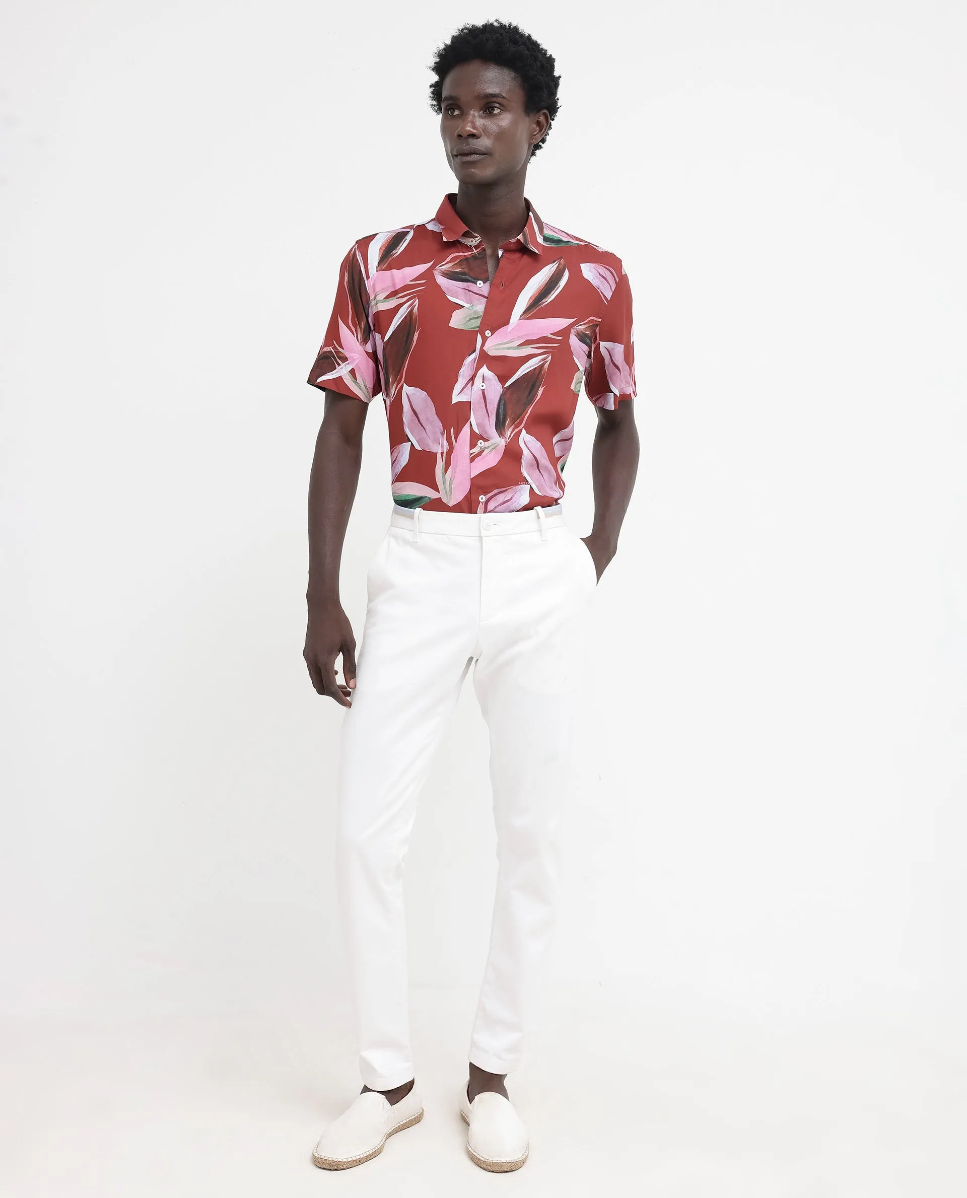 Rare Rabbit Men's Aviot Rust Viscose Fabric Tropical Print Half Sleeves Shirt