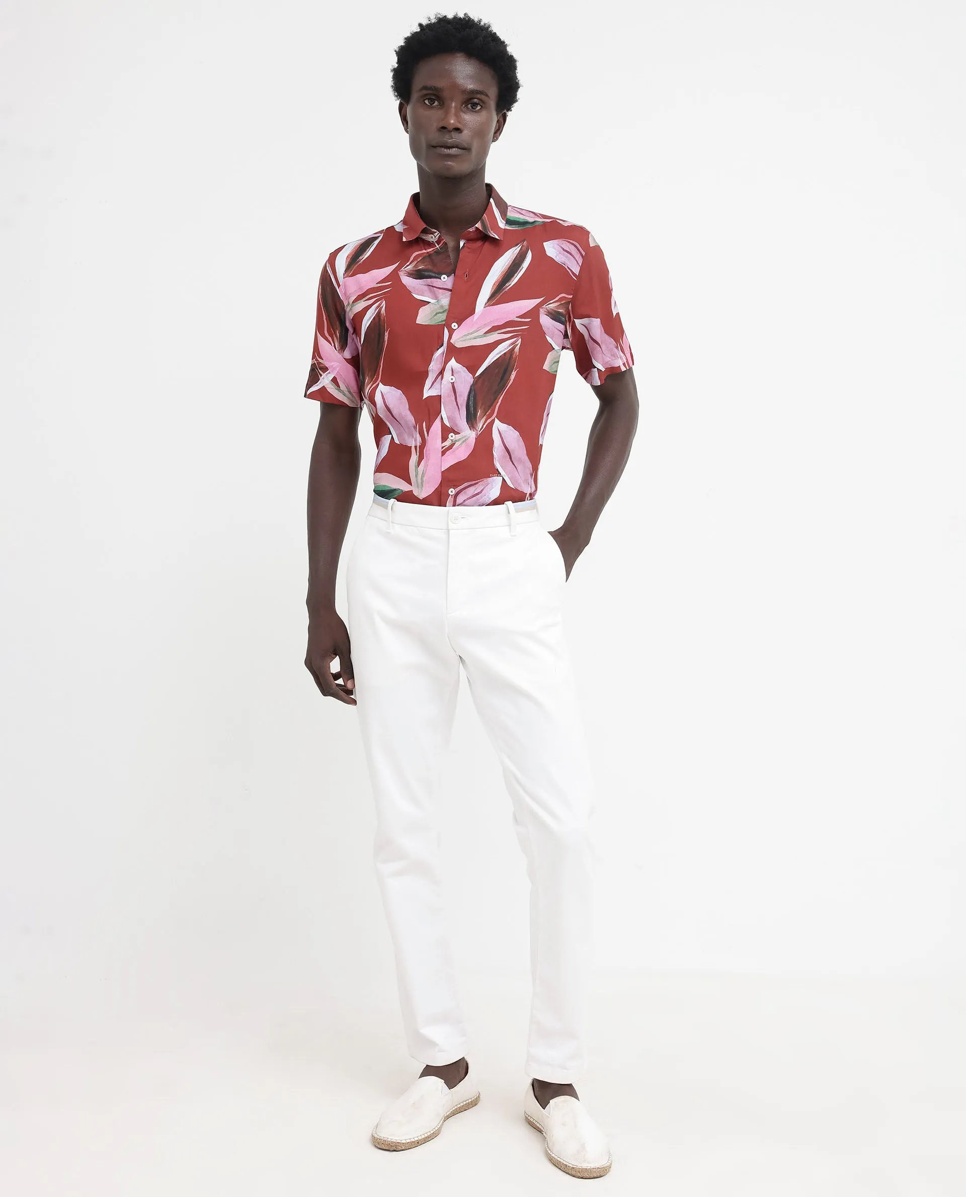 Rare Rabbit Men's Aviot Rust Viscose Fabric Tropical Print Half Sleeves Shirt