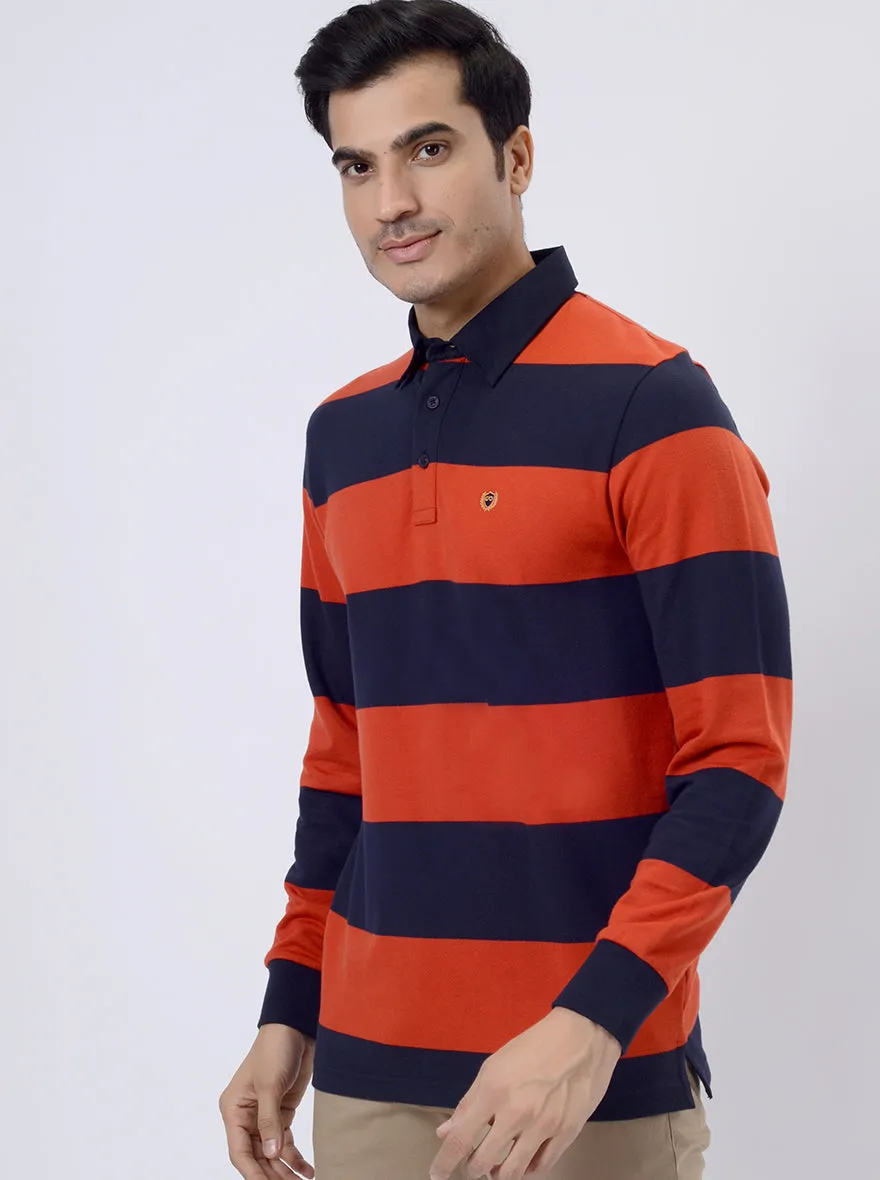 Red & Navy Blue Striped Slim Fit Polo T-Shirt | JadeBlue