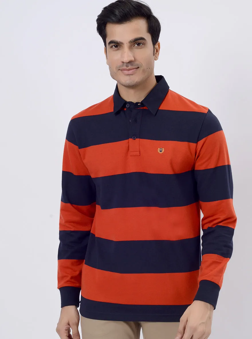 Red & Navy Blue Striped Slim Fit Polo T-Shirt | JadeBlue