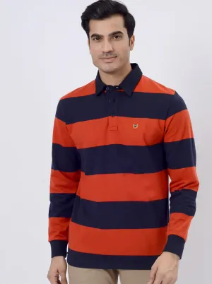 Red & Navy Blue Striped Slim Fit Polo T-Shirt | JadeBlue