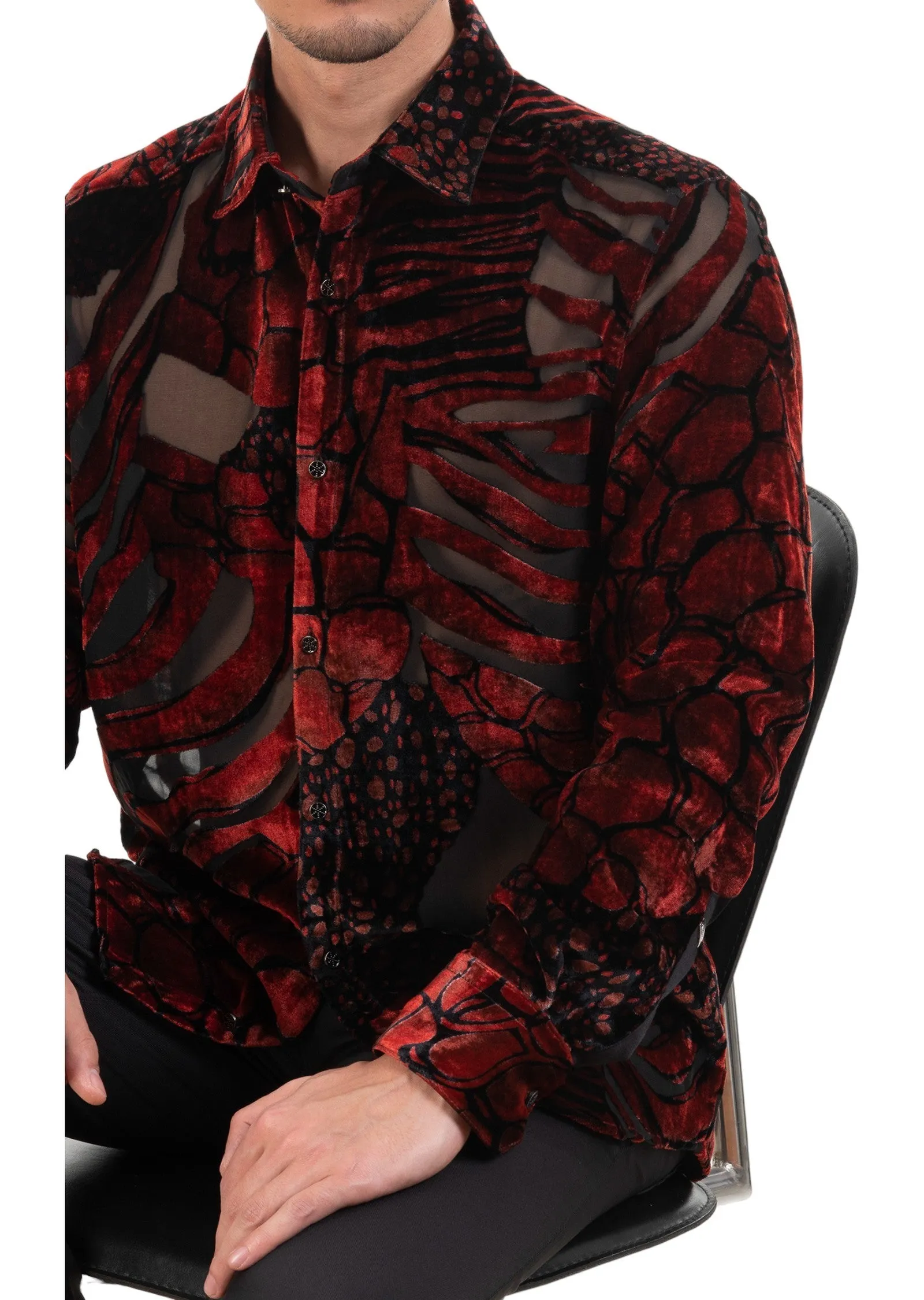 Red Marble Effect Velvet Shirt