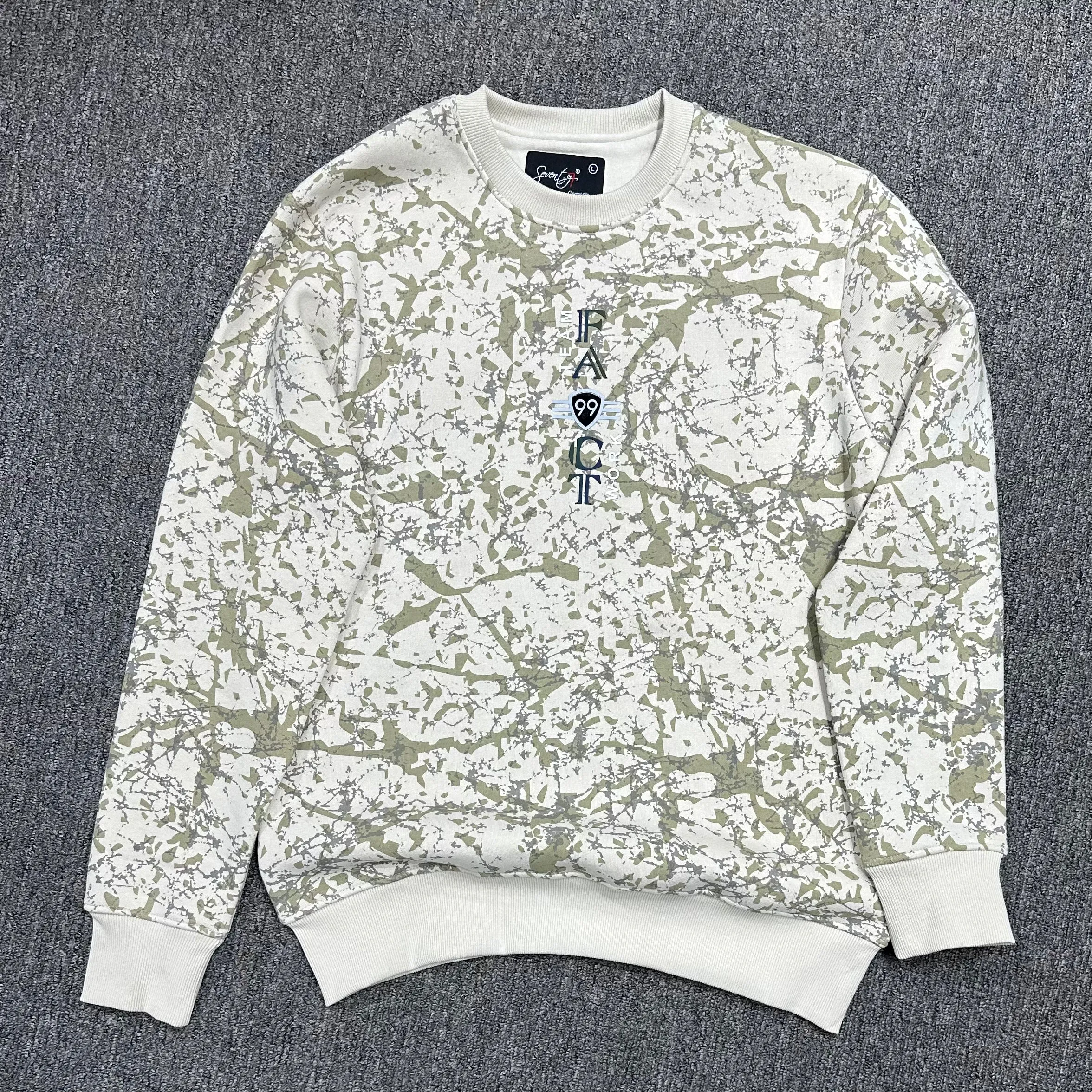 Round Neck Printed  Olive Green & Cream Pattern Cotton Fleece Sweatshirt