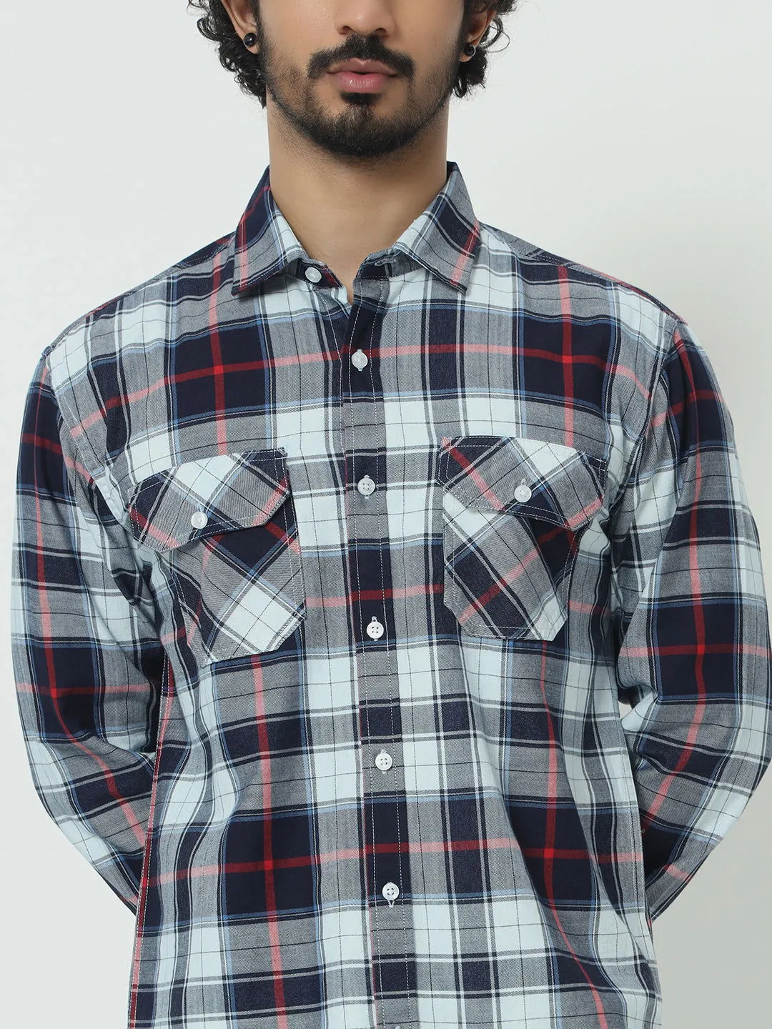 SAINTJONES-RED WHITE INDIGO CHECK SHIRT
