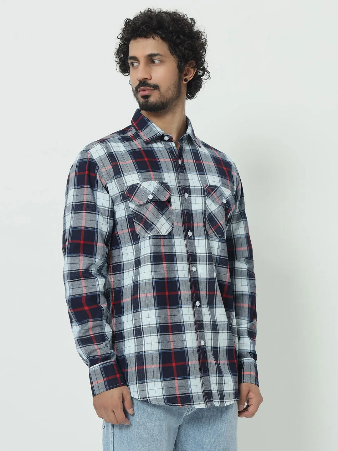 SAINTJONES-RED WHITE INDIGO CHECK SHIRT