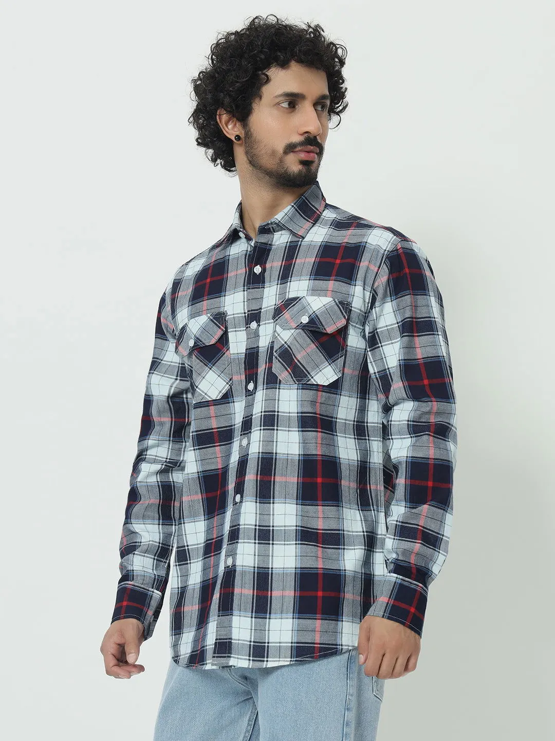 SAINTJONES-RED WHITE INDIGO CHECK SHIRT