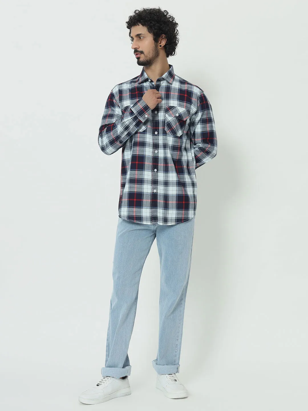 SAINTJONES-RED WHITE INDIGO CHECK SHIRT