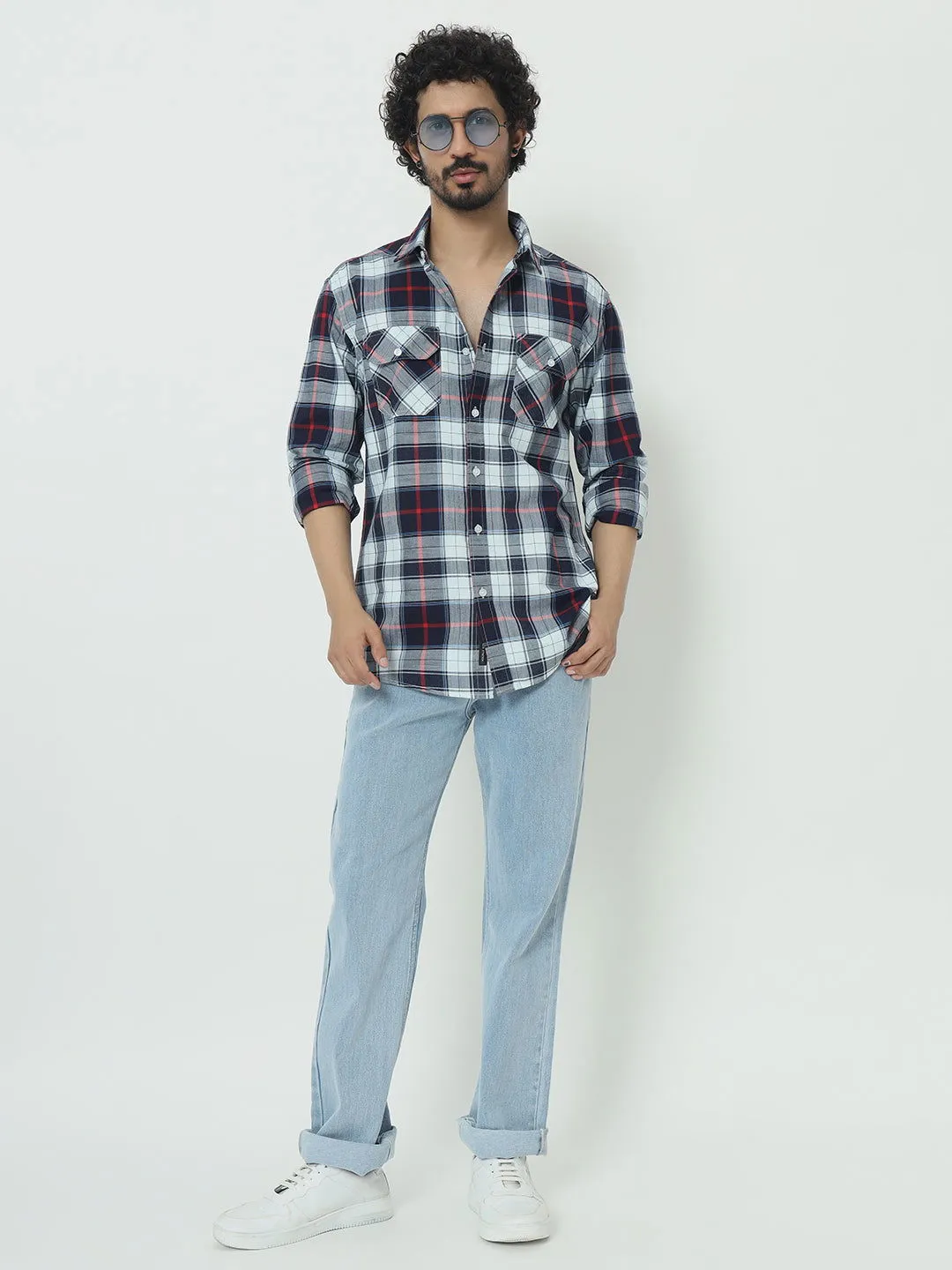 SAINTJONES-RED WHITE INDIGO CHECK SHIRT