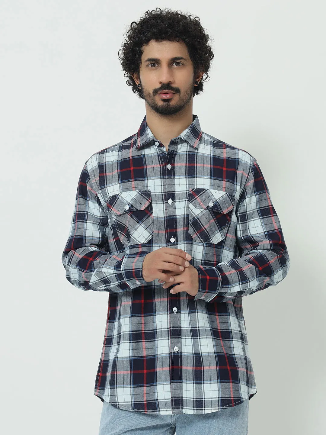 SAINTJONES-RED WHITE INDIGO CHECK SHIRT