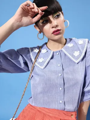 Style Quotient Women Blue Classic Floral Embroidered Casual Shirt