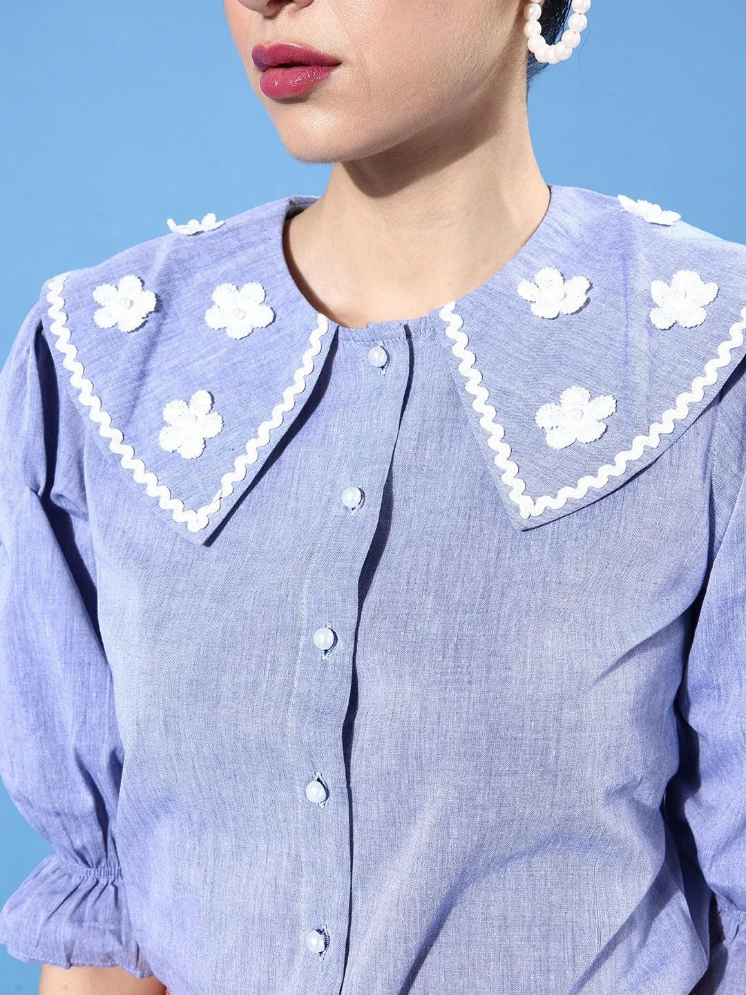 Style Quotient Women Blue Classic Floral Embroidered Casual Shirt