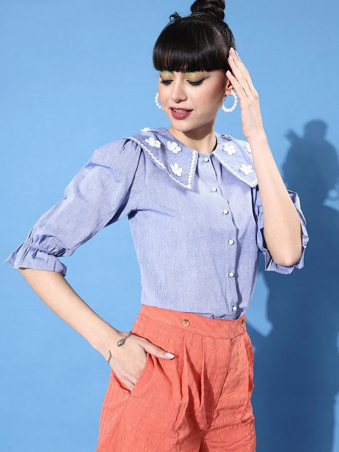 Style Quotient Women Blue Classic Floral Embroidered Casual Shirt
