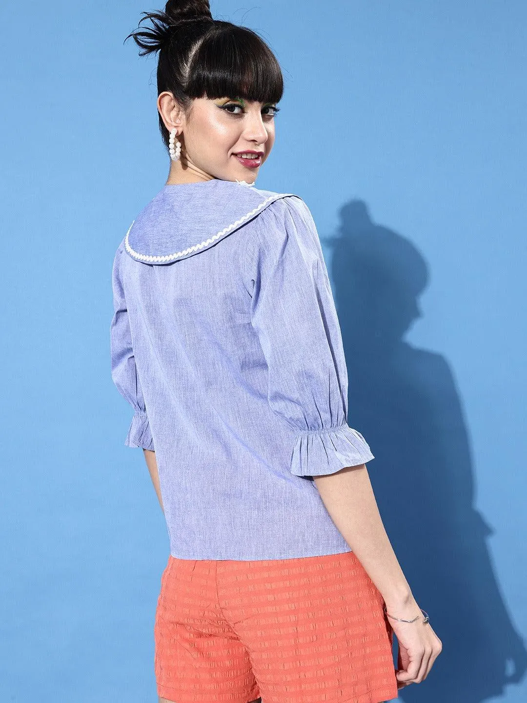 Style Quotient Women Blue Classic Floral Embroidered Casual Shirt