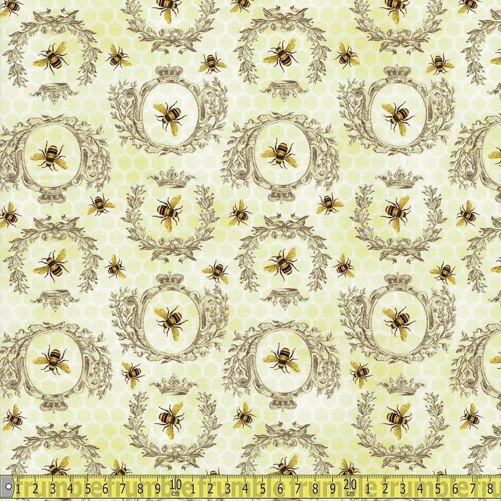 Timeless Treasures - Queen Bee - Gold Bees and Crests Honey