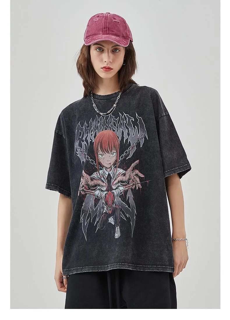 Vintage Chainsaw Man T-Shirt - Distressed Anime Graphic Tee Featuring Makima