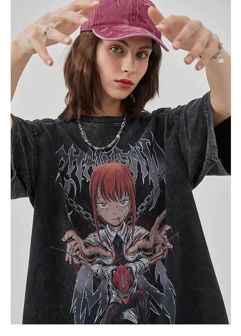 Vintage Chainsaw Man T-Shirt - Distressed Anime Graphic Tee Featuring Makima