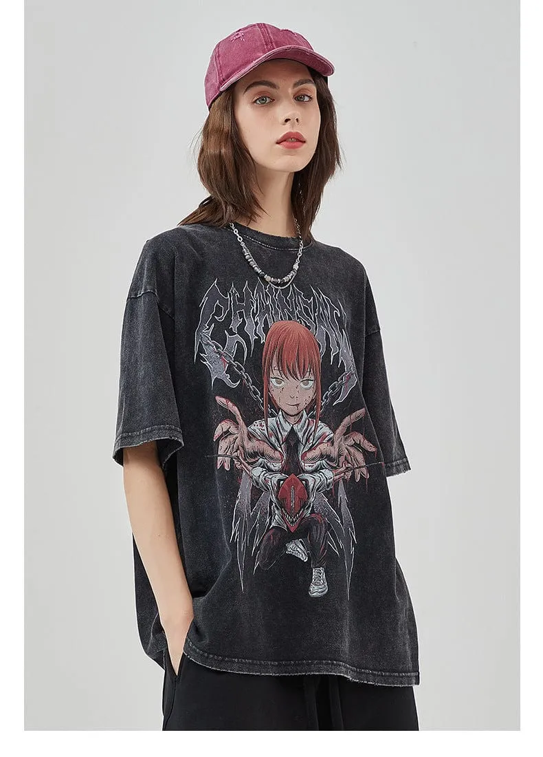 Vintage Chainsaw Man T-Shirt - Distressed Anime Graphic Tee Featuring Makima