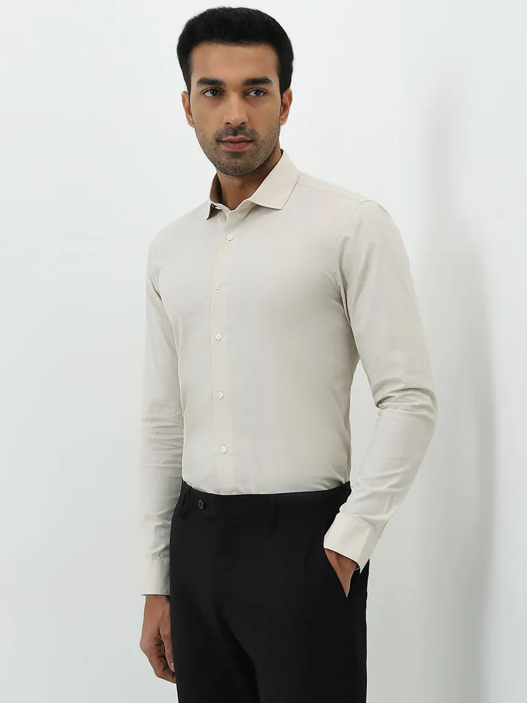 WES Formals Beige Ultra Slim-Fit Cotton Blend Shirt