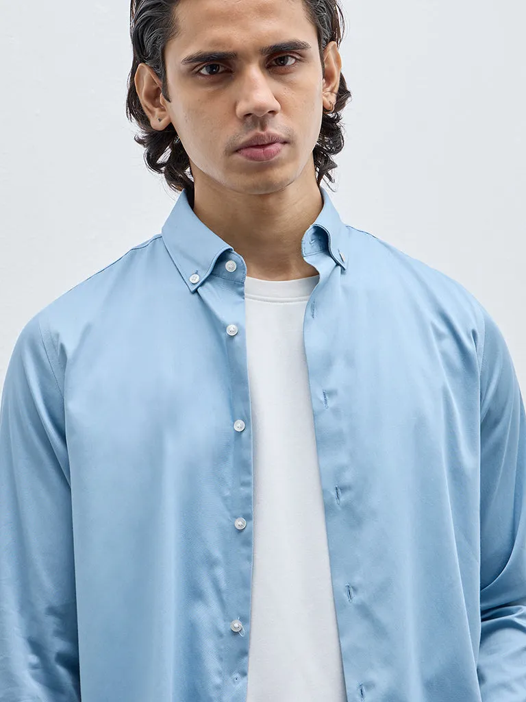 WES Formals Blue Slim-Fit Cotton-Blend Shirt