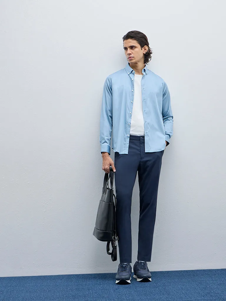 WES Formals Blue Slim-Fit Cotton-Blend Shirt