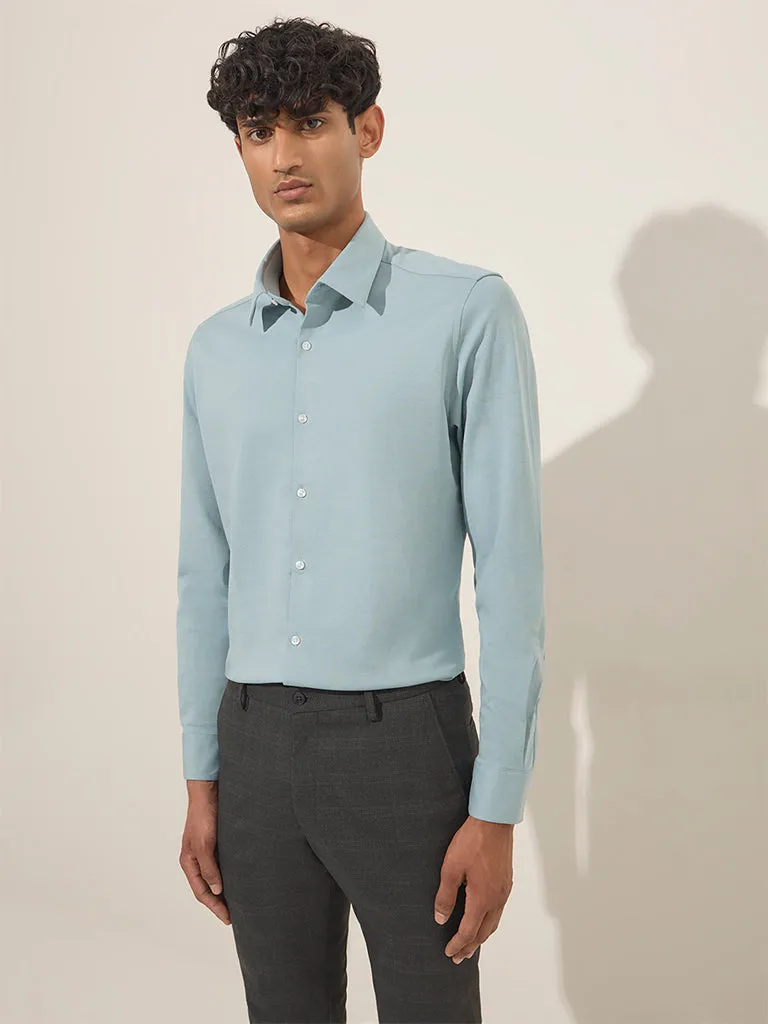 WES Formals Light Teal Slim-Fit Cotton-Blend Shirt