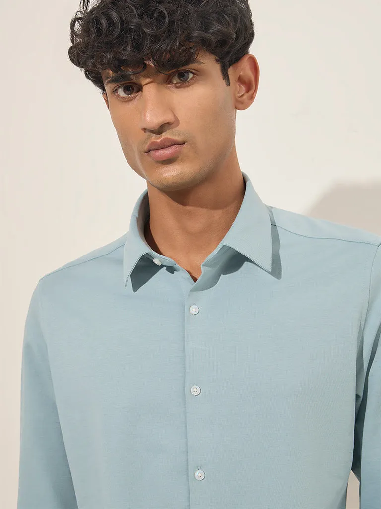 WES Formals Light Teal Slim-Fit Cotton-Blend Shirt