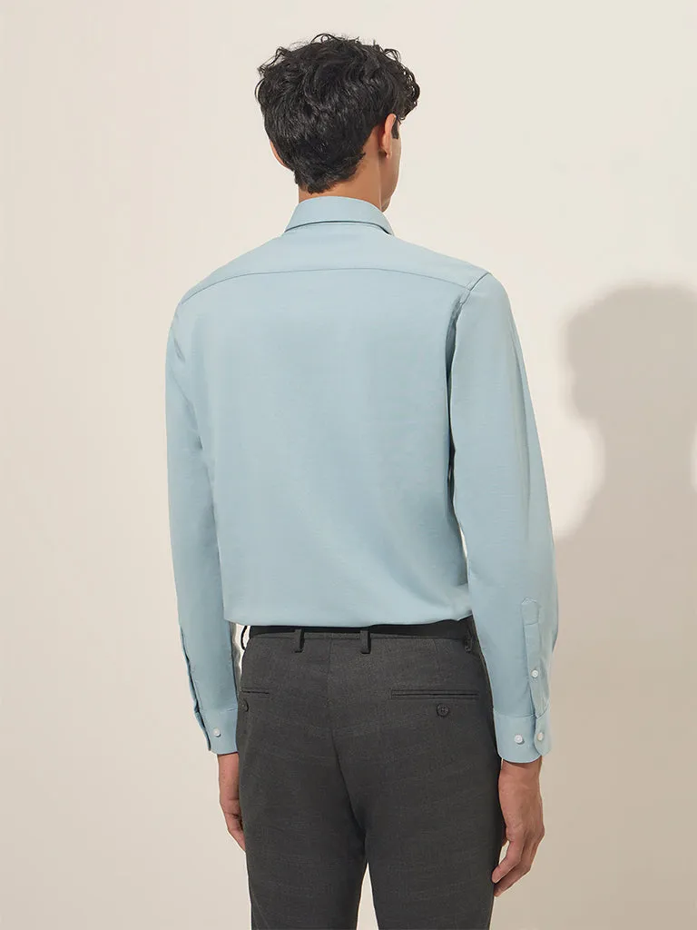 WES Formals Light Teal Slim-Fit Cotton-Blend Shirt