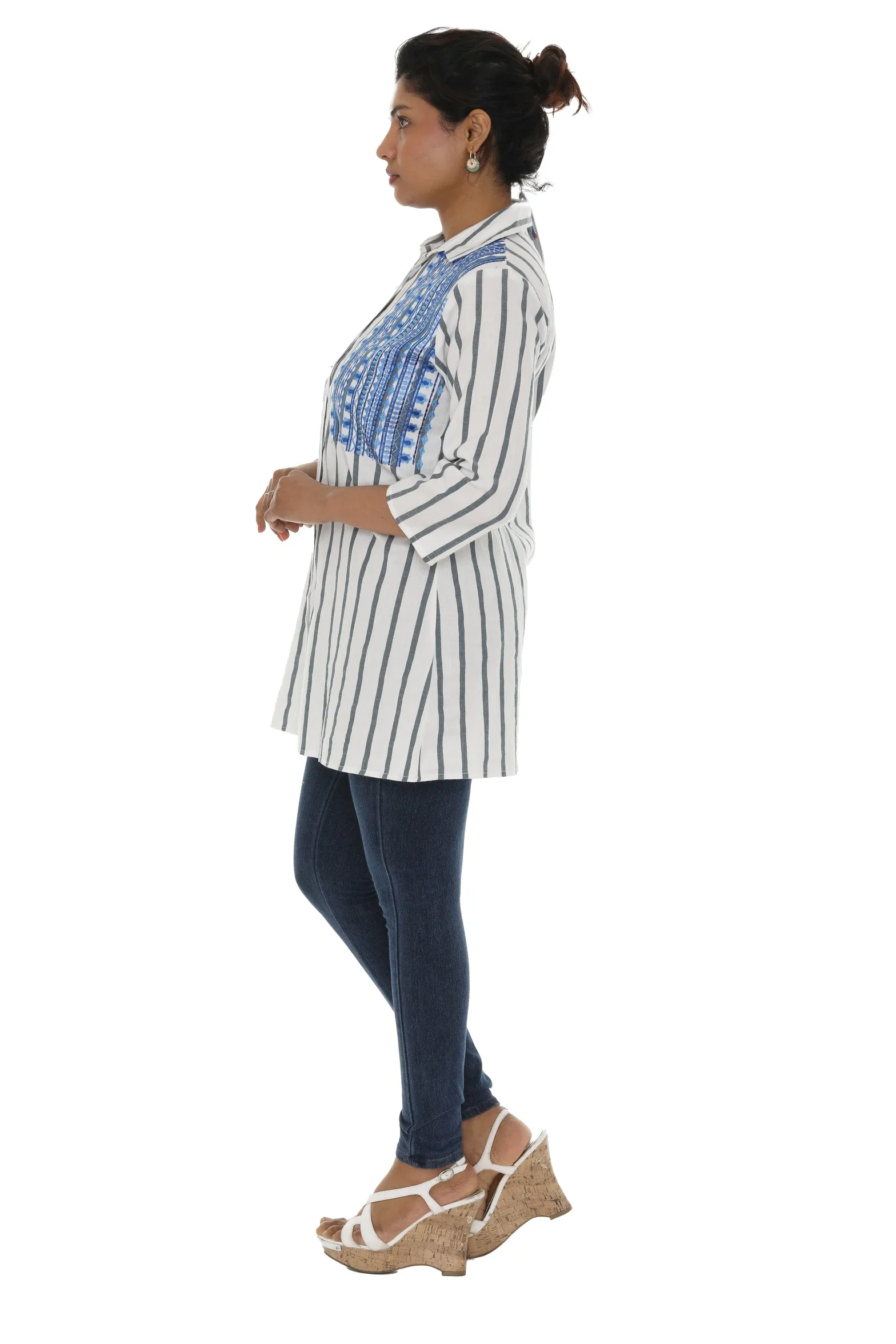 White Button Stripe Shirt with Embroidered Accent